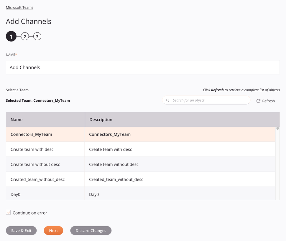 Microsoft Teams Add Channels activity configuration step 1