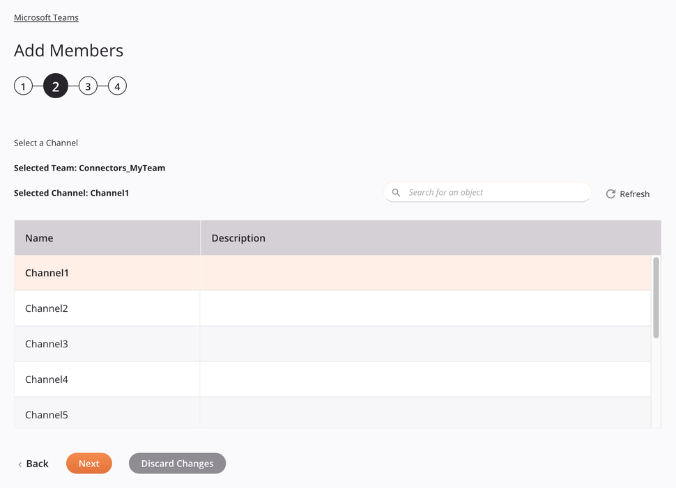 Paso 2 de configuración de la actividad para agregar miembros de Microsoft Teams