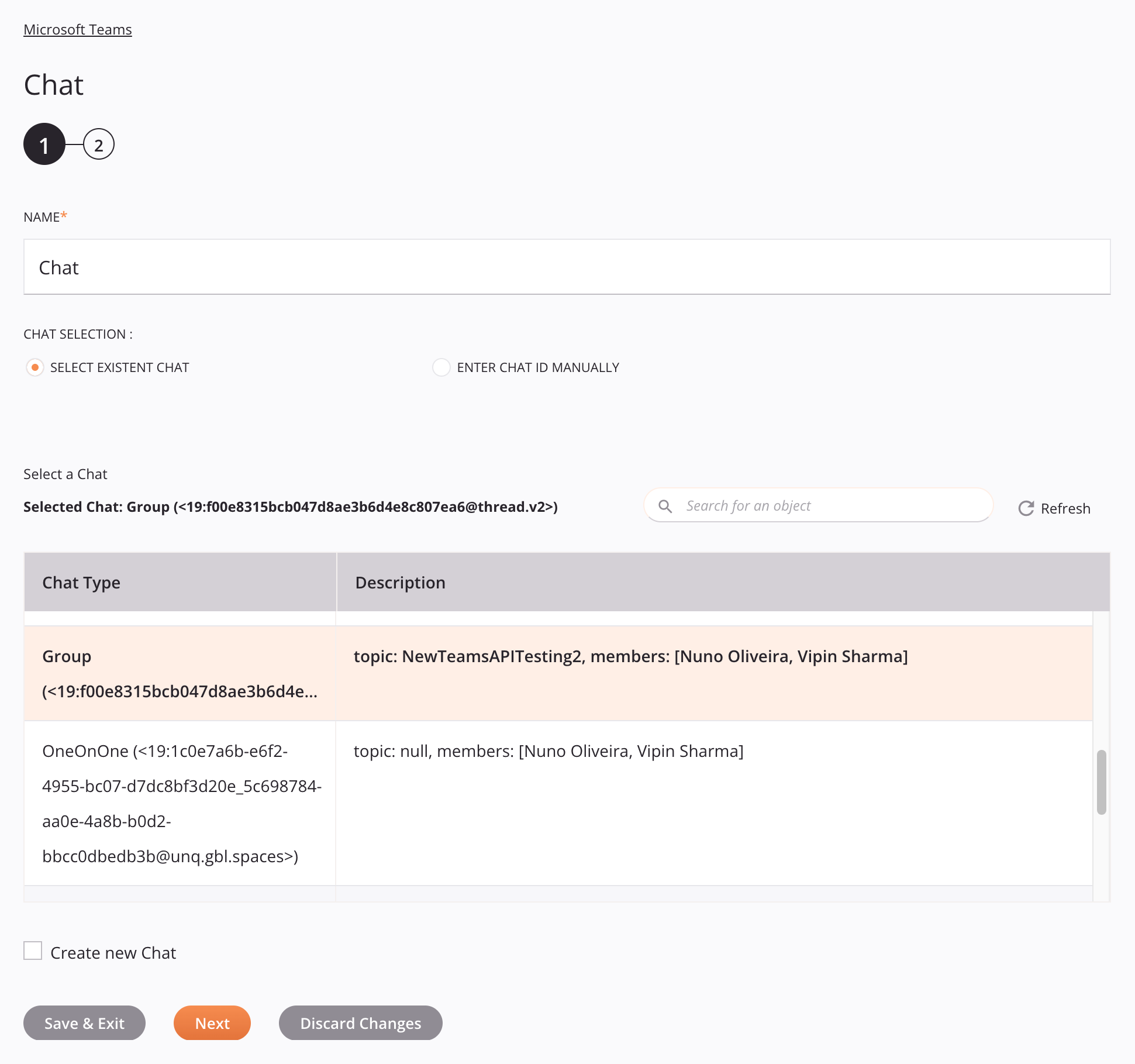 Etapa 1 da configuração da atividade de bate-papo do Microsoft Teams