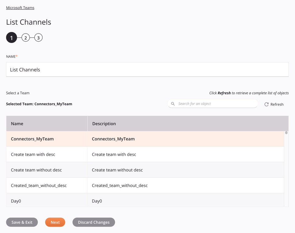 Microsoft Teams List Channels activity configuration step 1