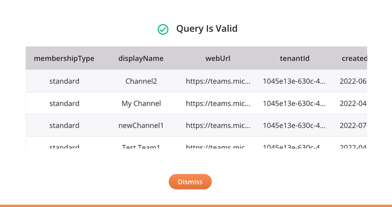 Lista de Microsoft Teams Canales Actividad Configuración Consulta de prueba Paso 2