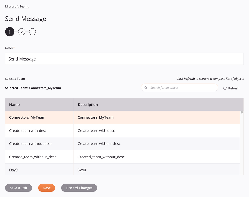 Paso 1 de configuración de la actividad de envío de mensajes de Microsoft Teams