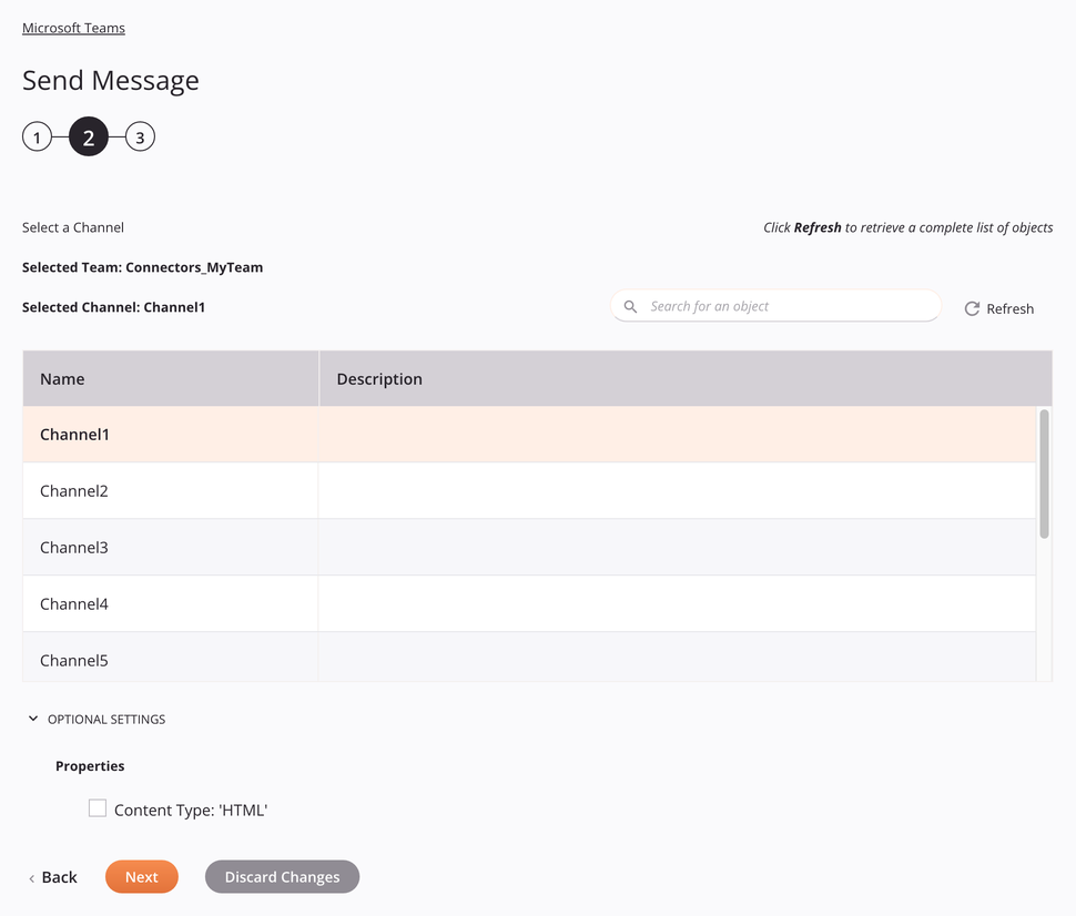 Microsoft Teams Send Message activity configuration step 2