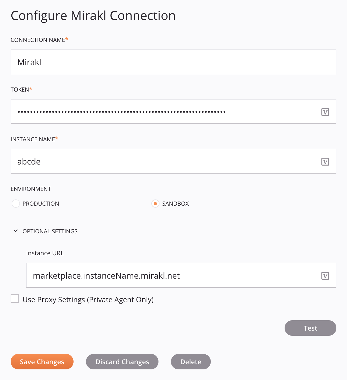 Configuração de conexão Mirakl