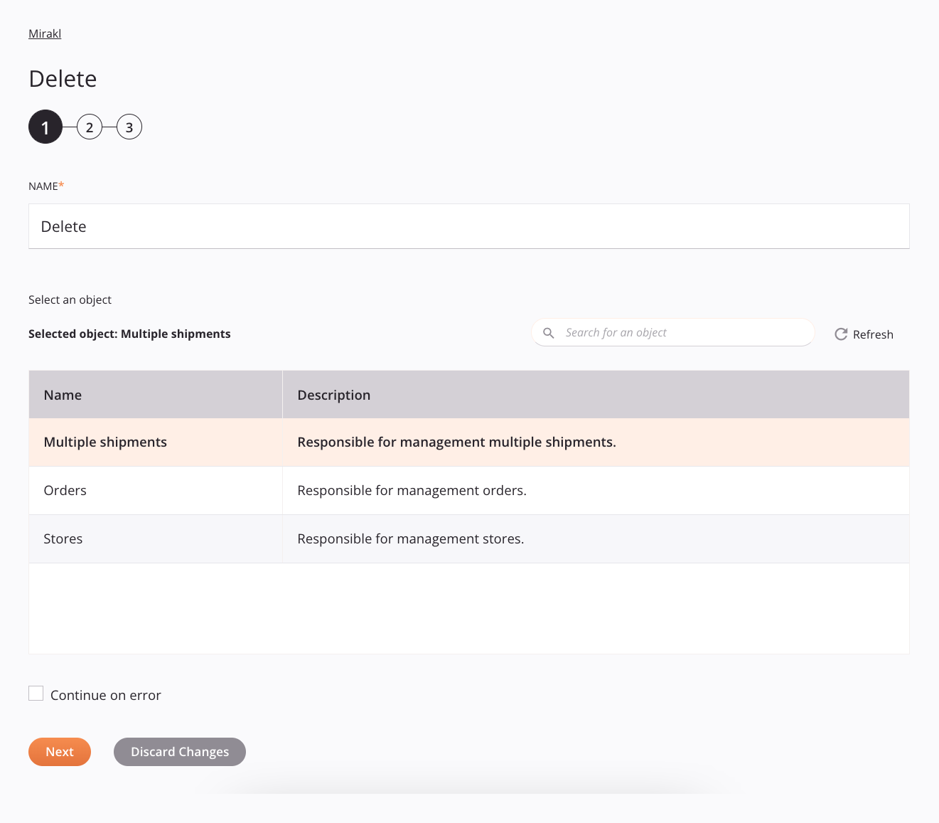 Paso 1 de configuración de actividad de eliminación de Mirakl