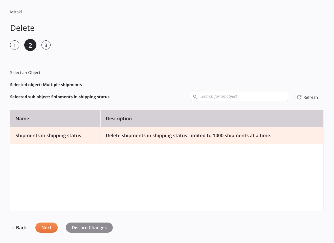 Mirakl Delete activity configuration step 2