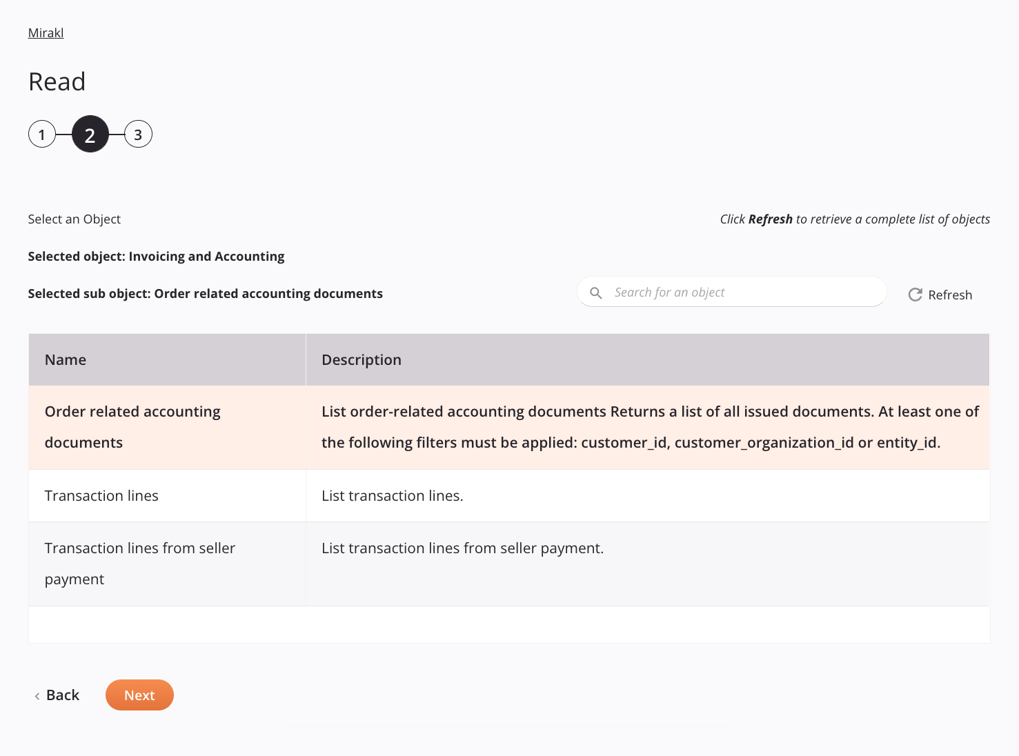 Mirakl Read activity configuration step 2