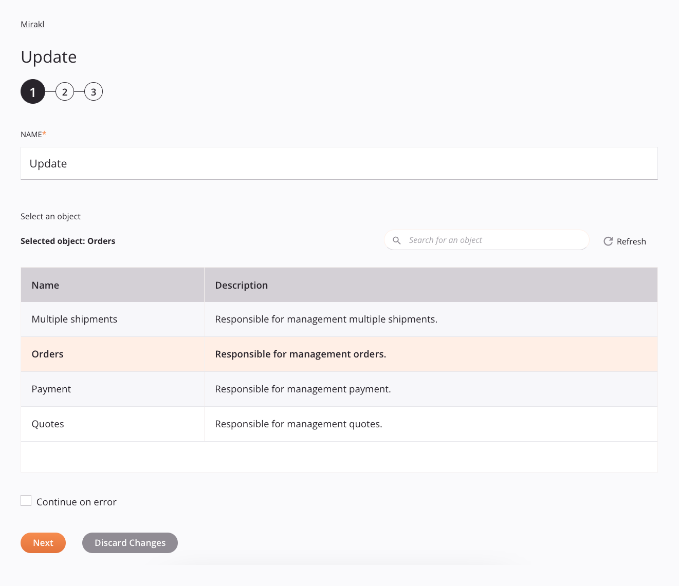 Paso 1 de configuración de la actividad de actualización de Mirakl