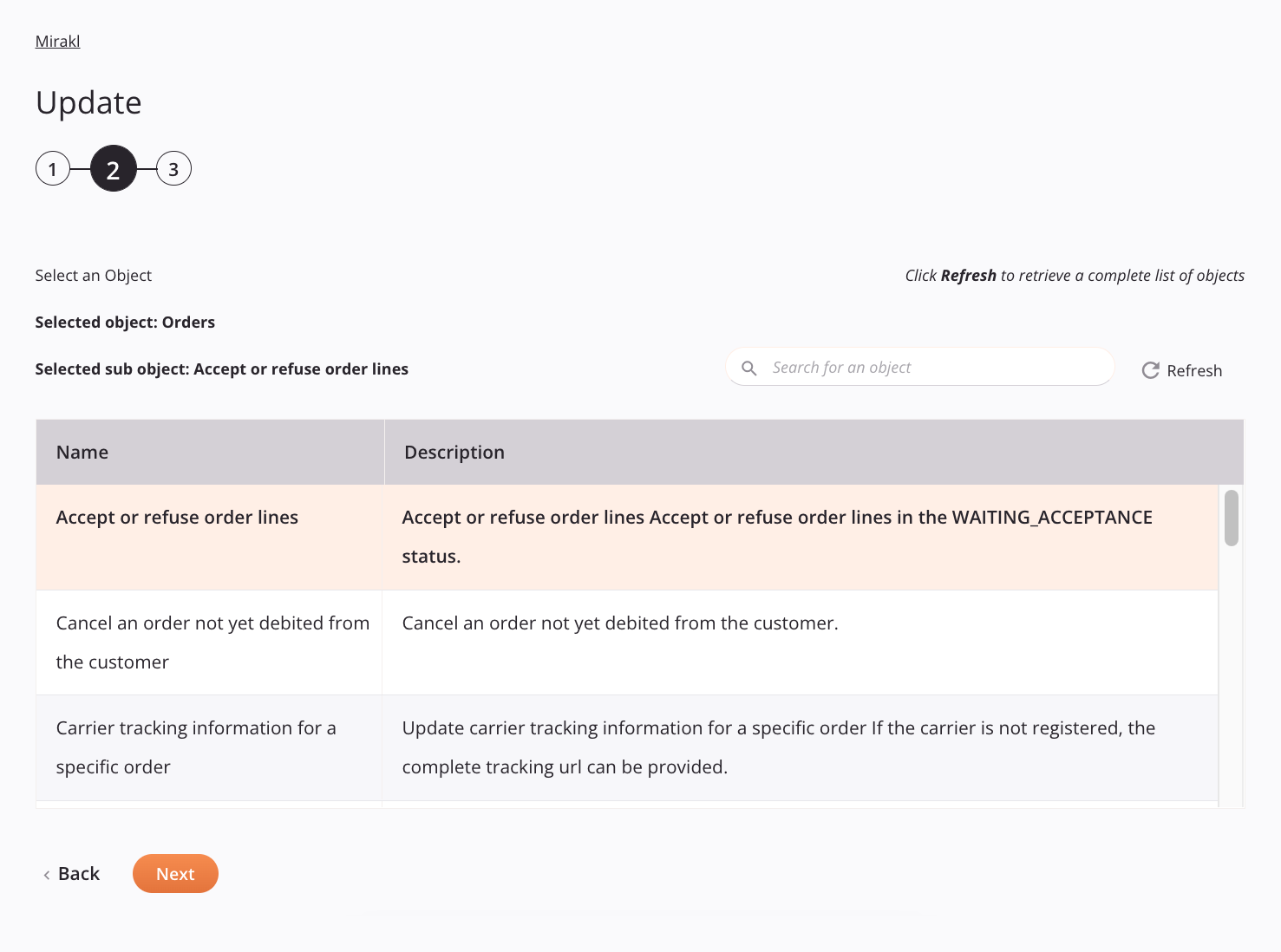 Paso 2 de configuración de la actividad de actualización de Mirakl