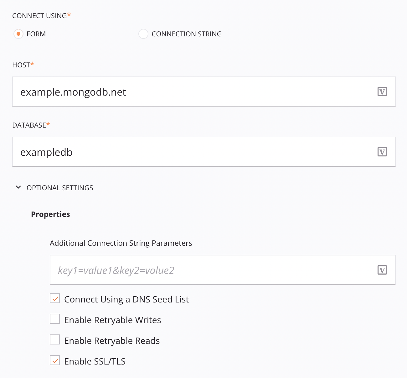 Formulario de configuración de conexión de MongoDB