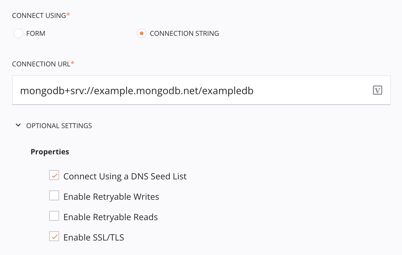 Cadena de configuración de conexión de MongoDB