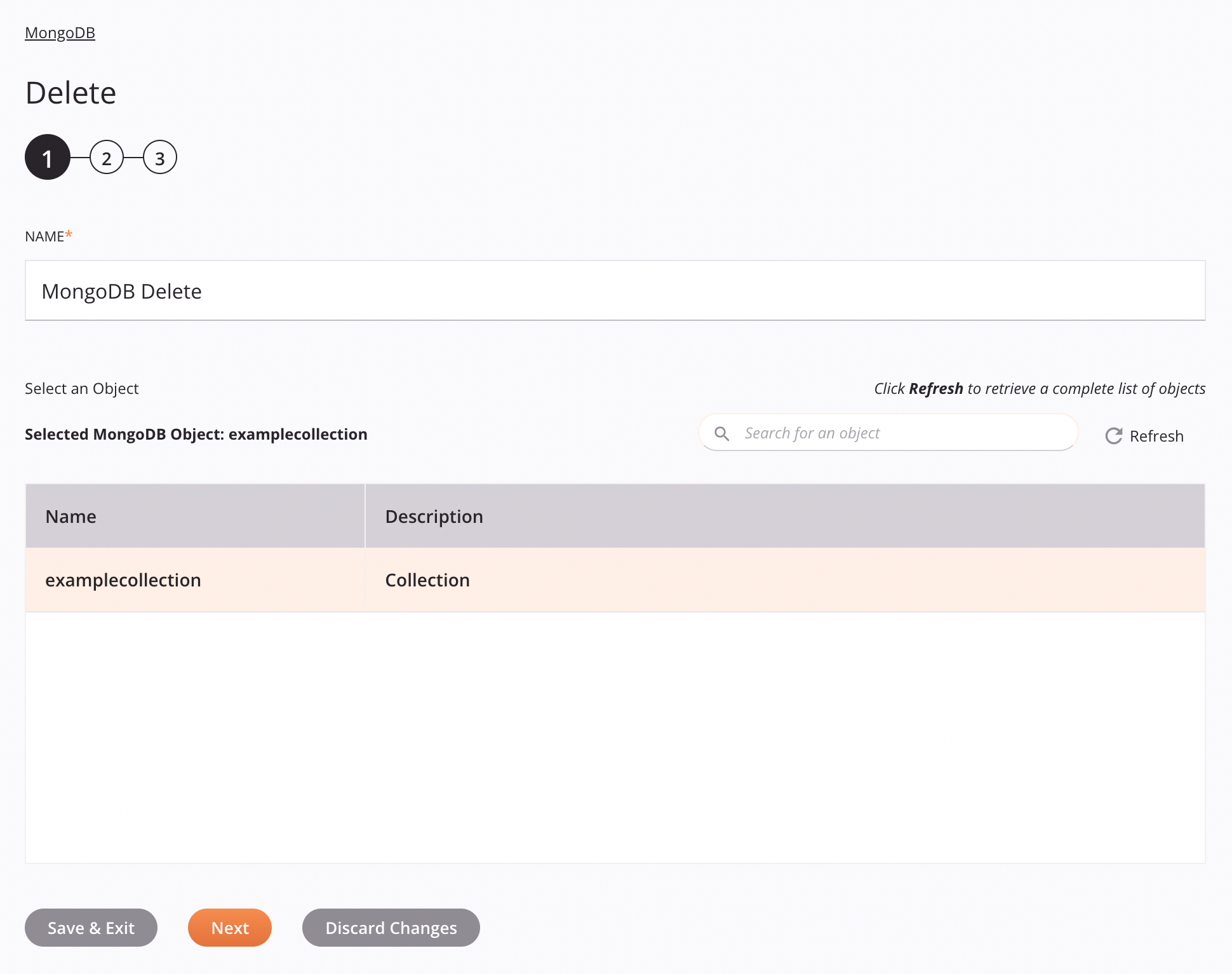 Paso 1 de configuración de actividad de eliminación de MongoDB