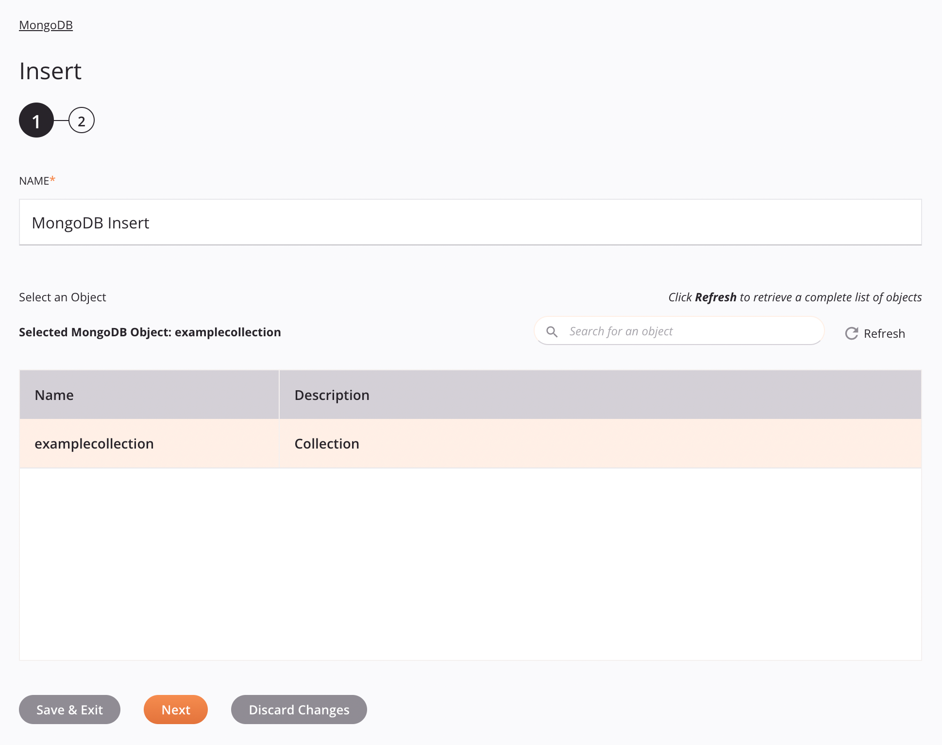 MongoDB Insertar configuración de actividad Paso 1