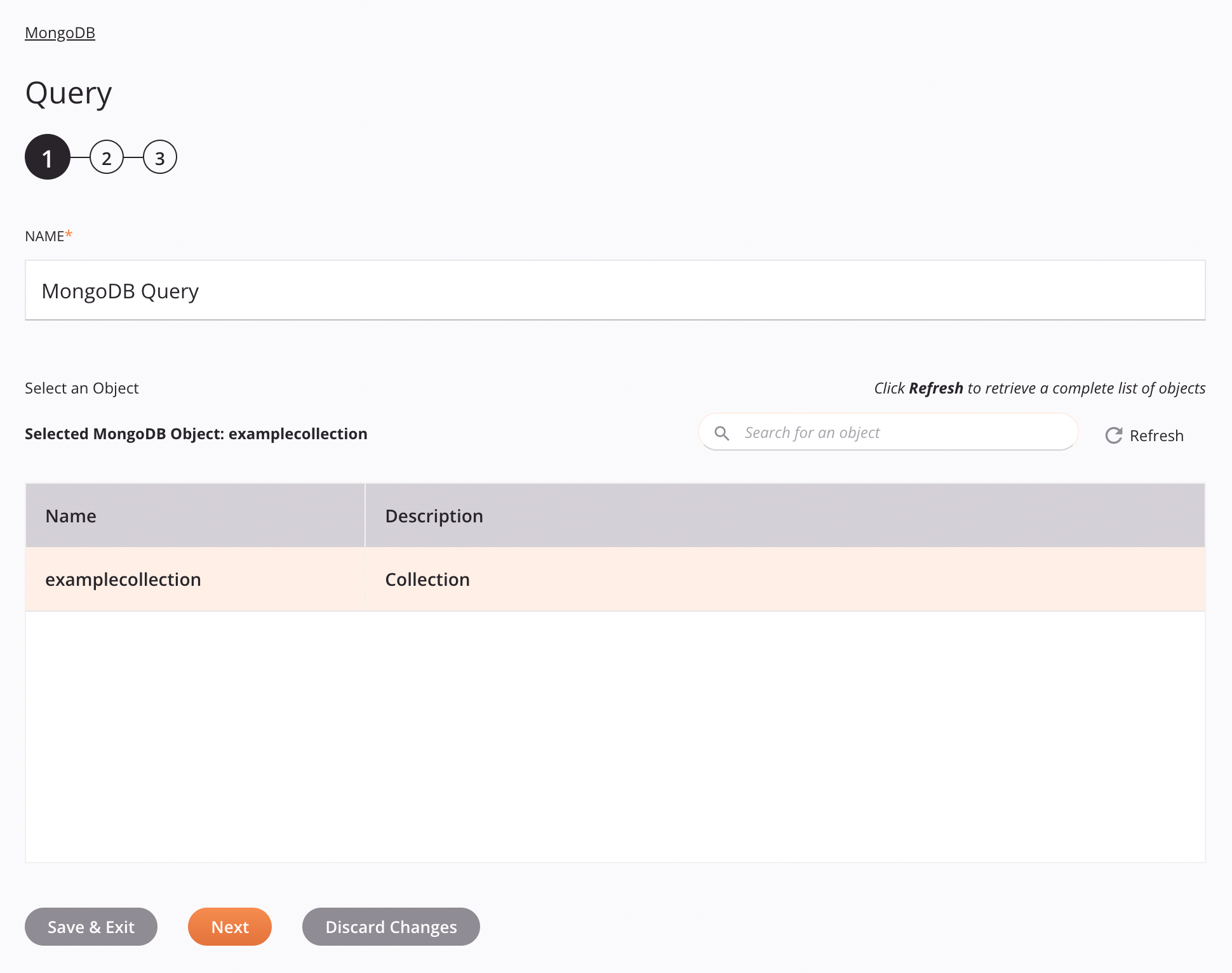 Paso 1 de configuración de la actividad de consulta de MongoDB