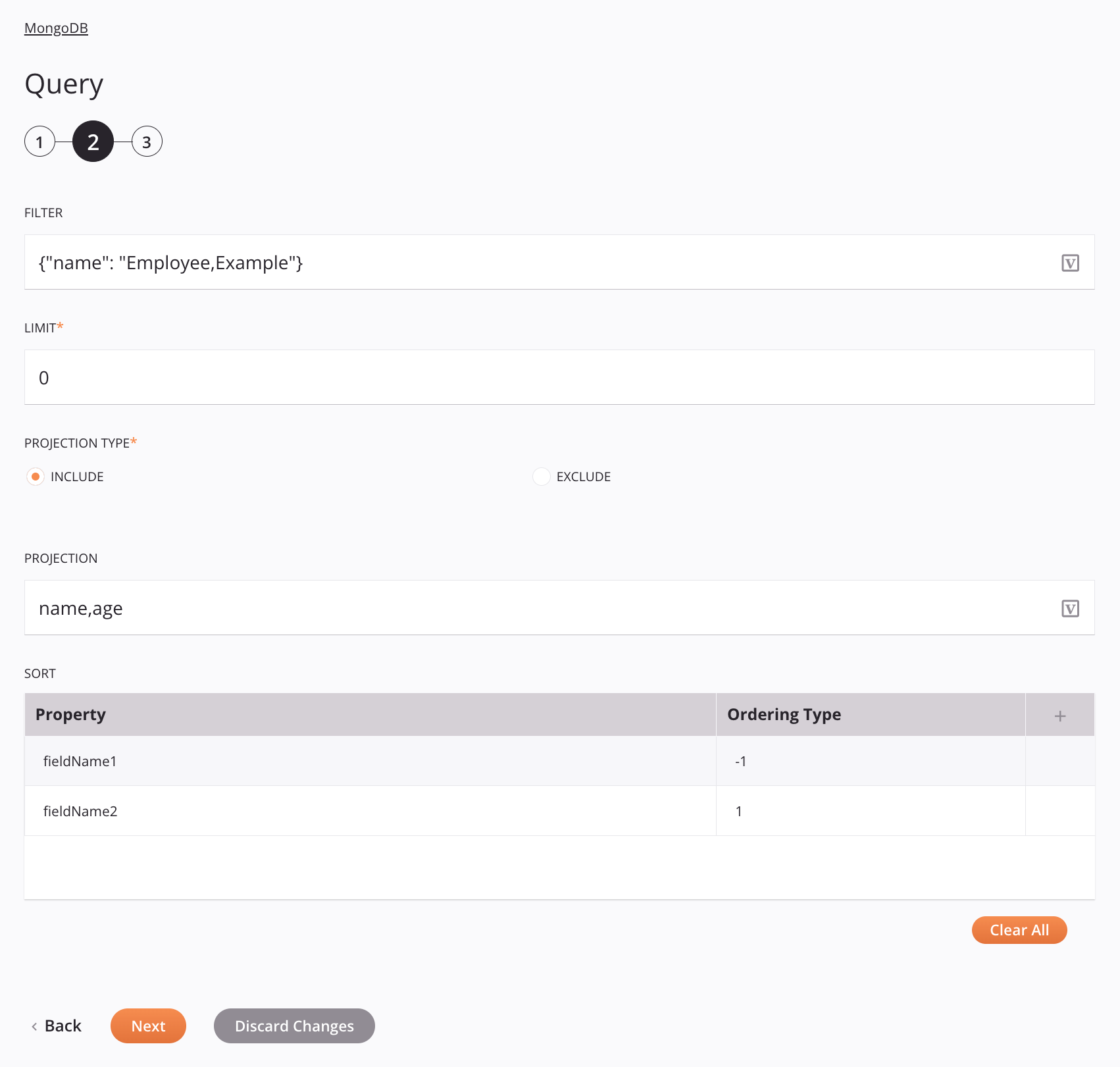 Paso 2 de configuración de la actividad de consulta de MongoDB