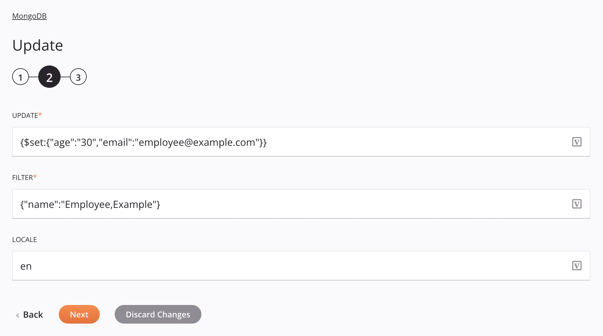 Etapa 2 da configuração da atividade de atualização do MongoDB