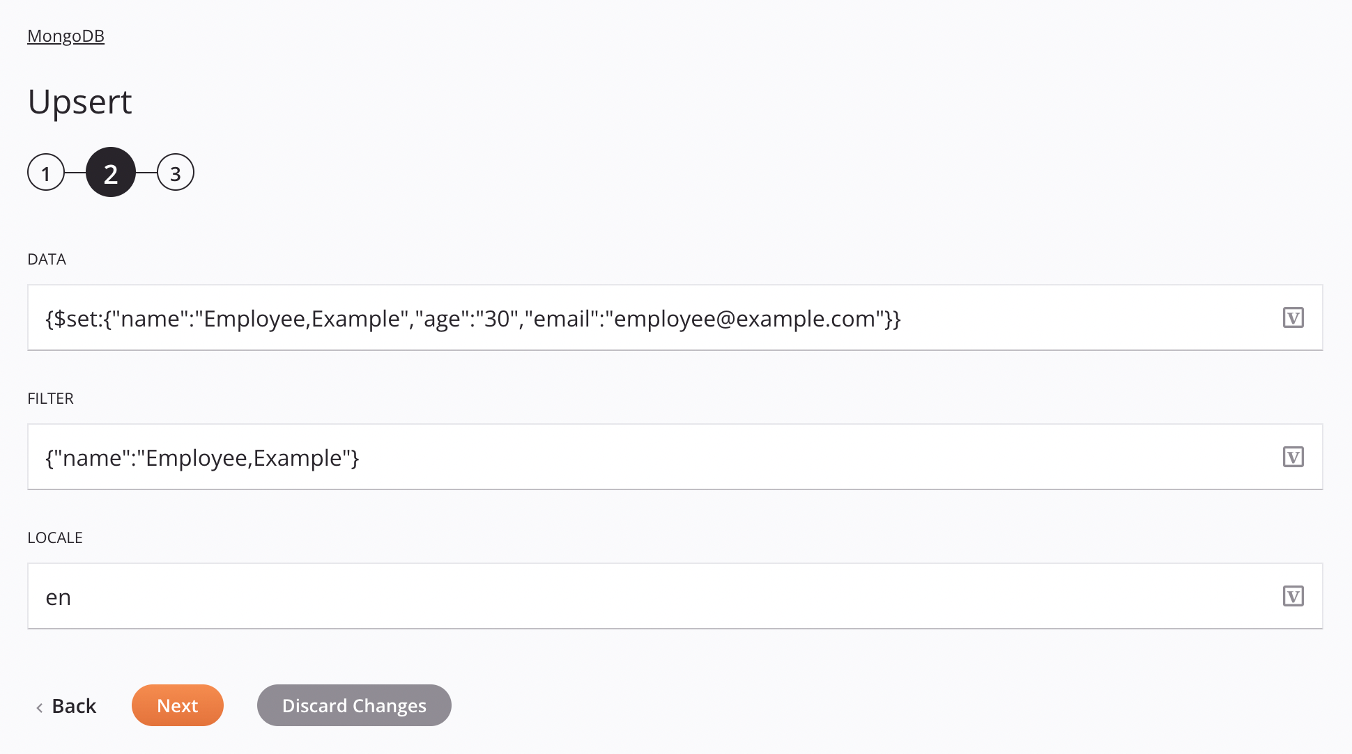 MongoDB Upsert activity configuration step 2