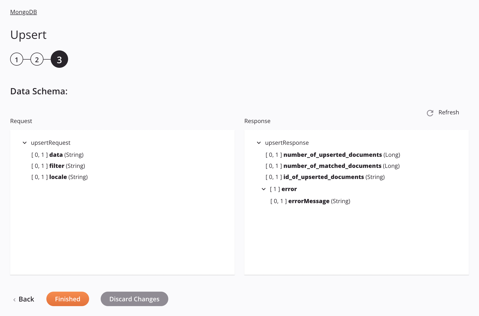 Etapa 3 da configuração da atividade de upsert do MongoDB