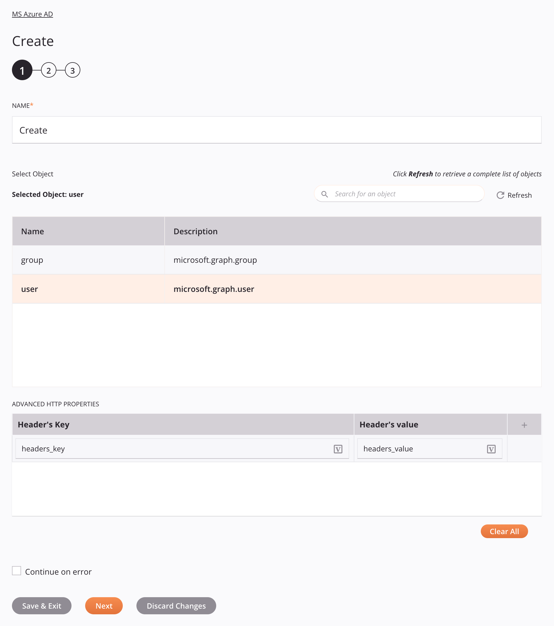 Etapa 1 da configuração da atividade de criação do MS Azure AD