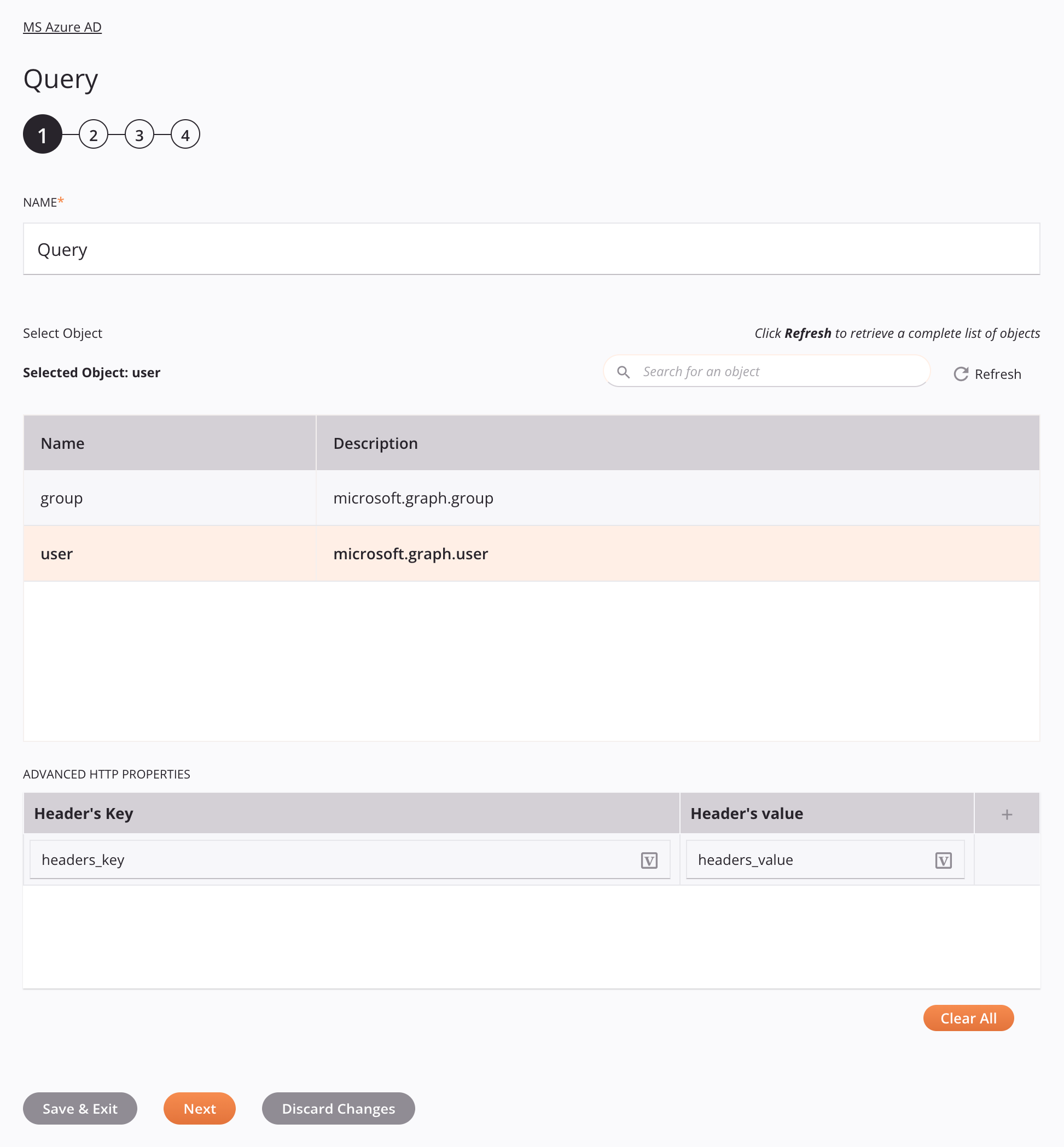 Paso 1 de configuración de la actividad de consulta de MS Azure AD