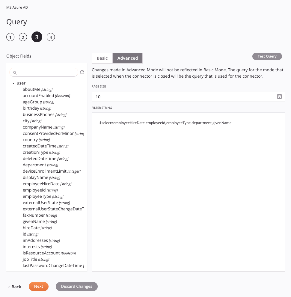 MS Azure AD Query activity configuration step 3 advanced