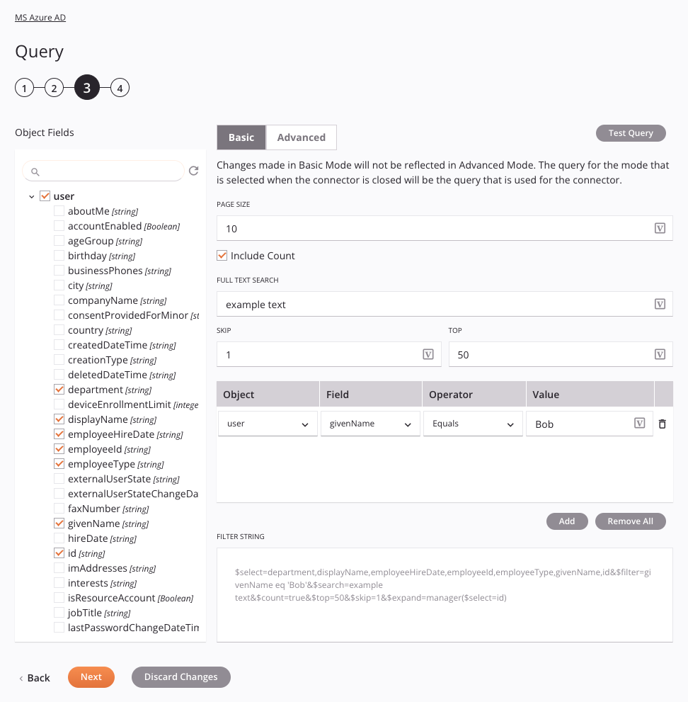 Paso 3 de configuración básica de la actividad de consulta de MS Azure AD