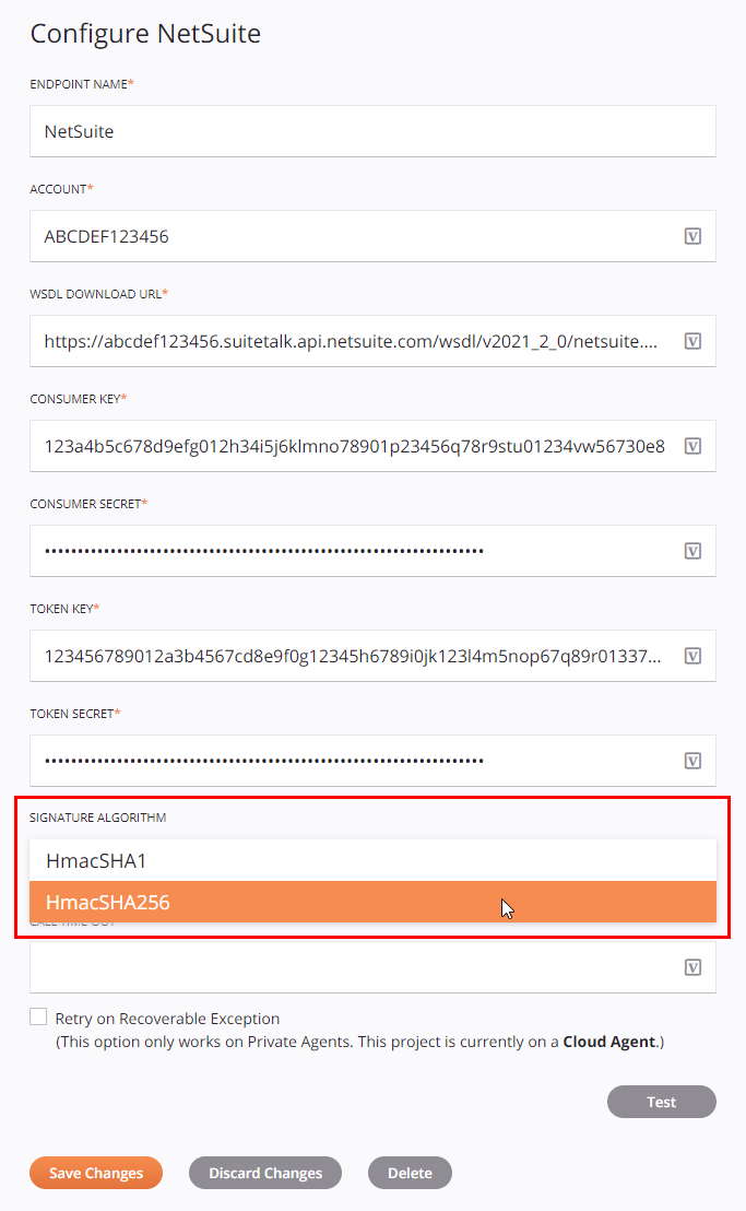 NetSuite configuration signature algorithm