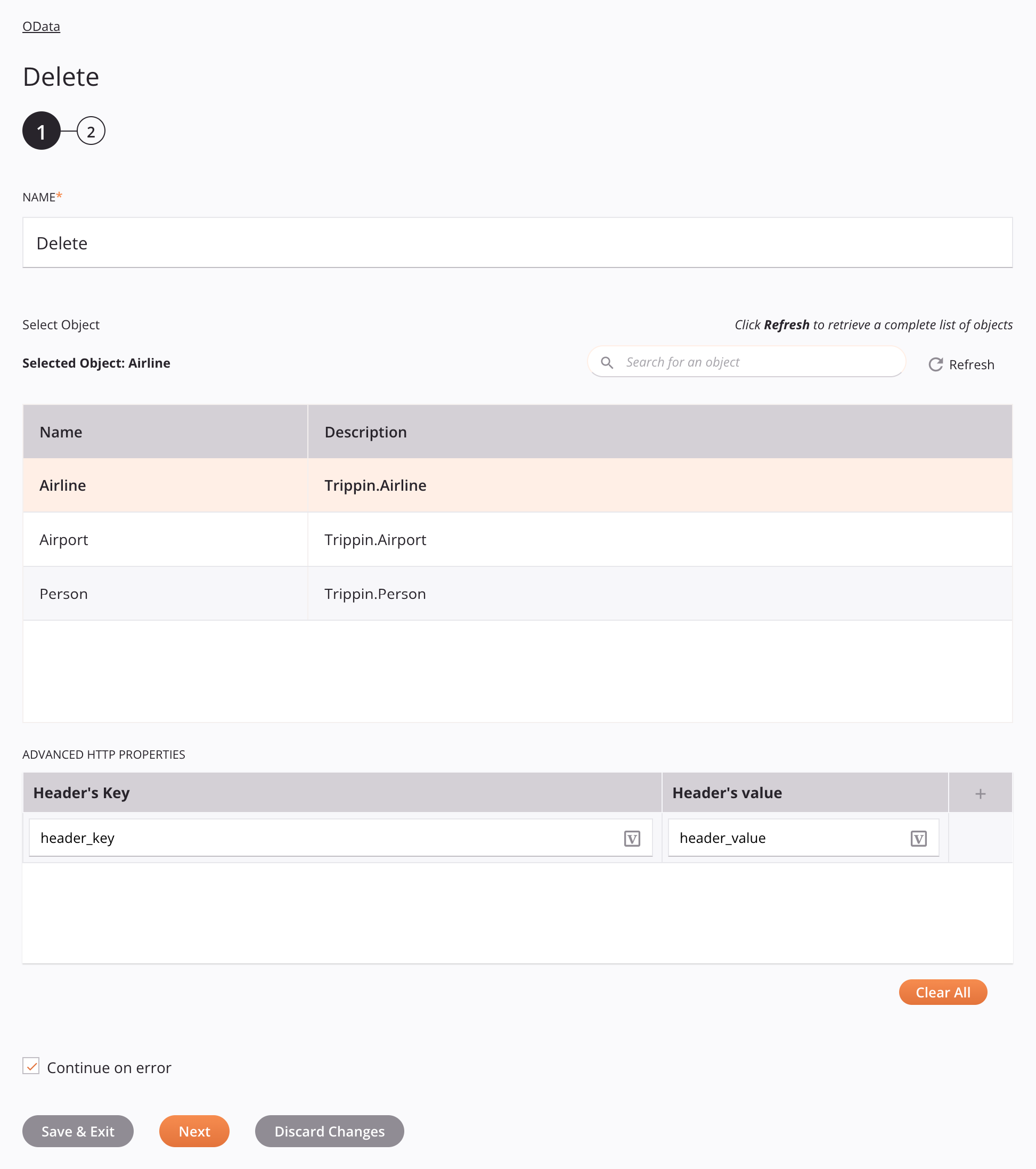 Paso 1 de configuración de la actividad de eliminación de OData