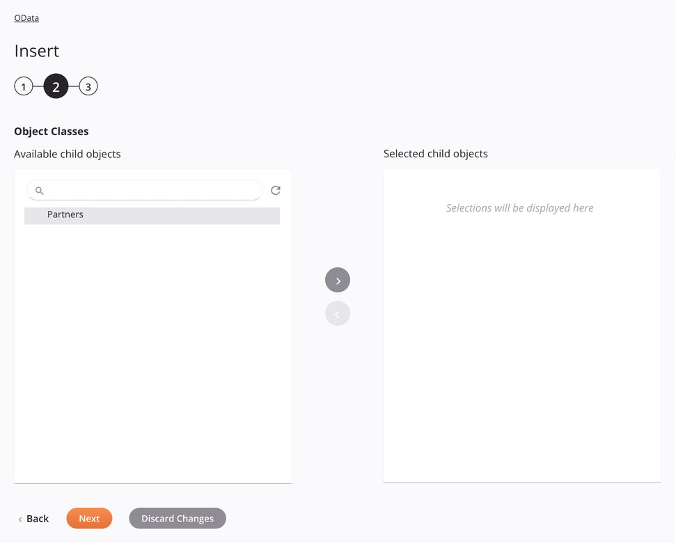 Paso 2 de configuración de actividad de inserción de OData