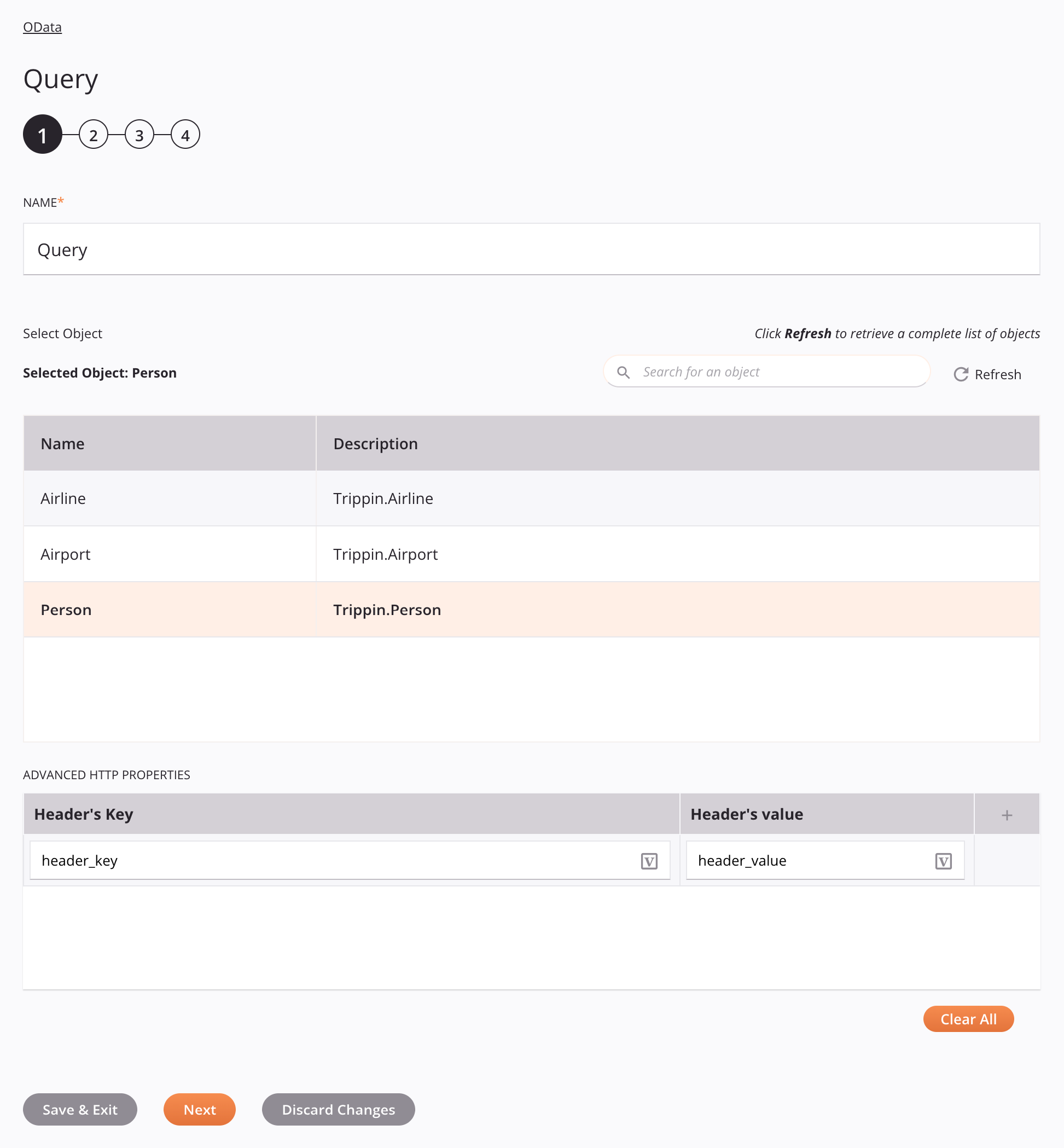 OData Query activity configuration step 1