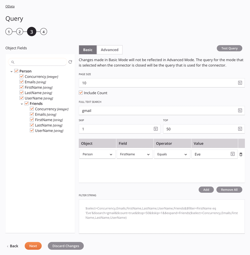 Paso 3 de configuración de la actividad de consulta de OData