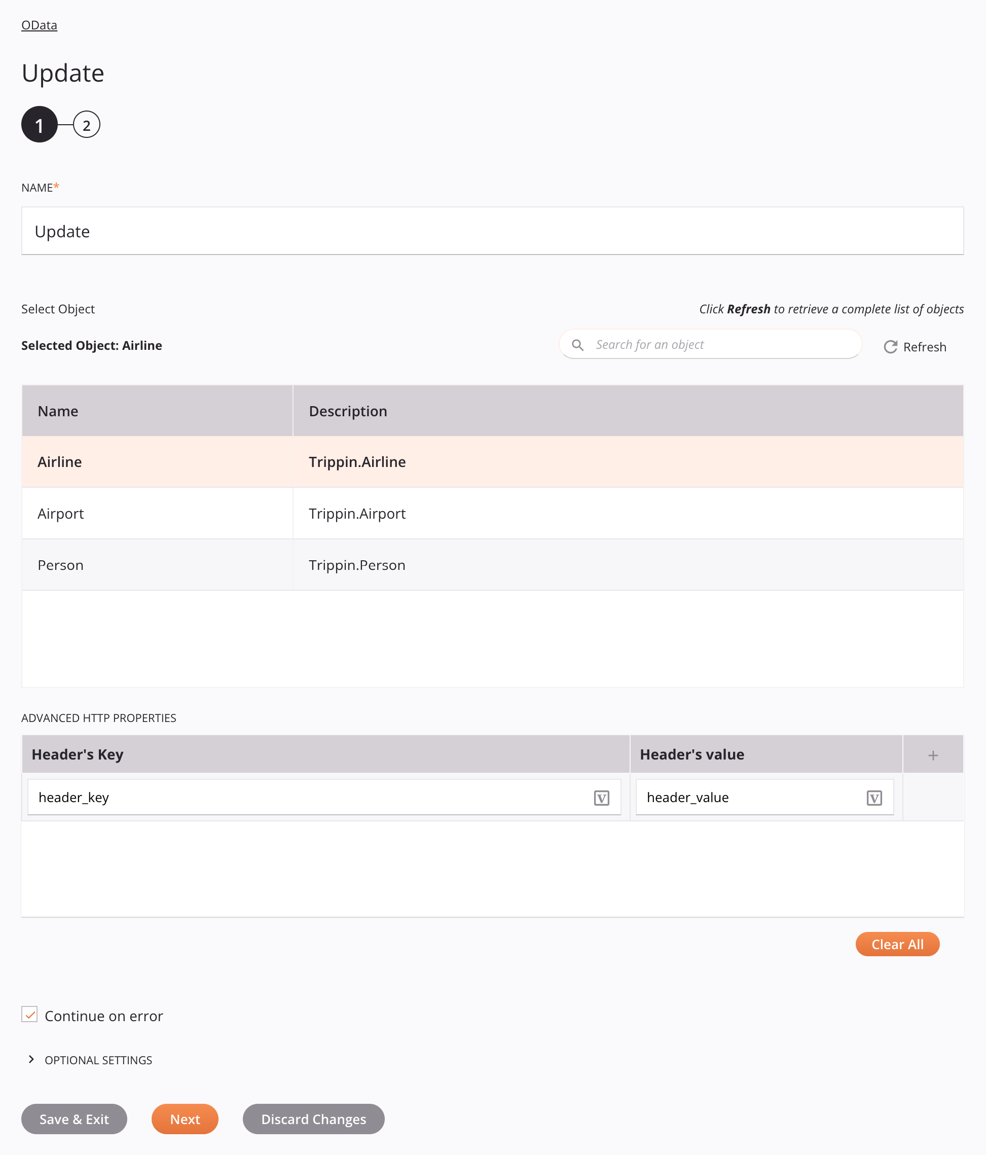 Paso 1 de configuración de la actividad de actualización de OData