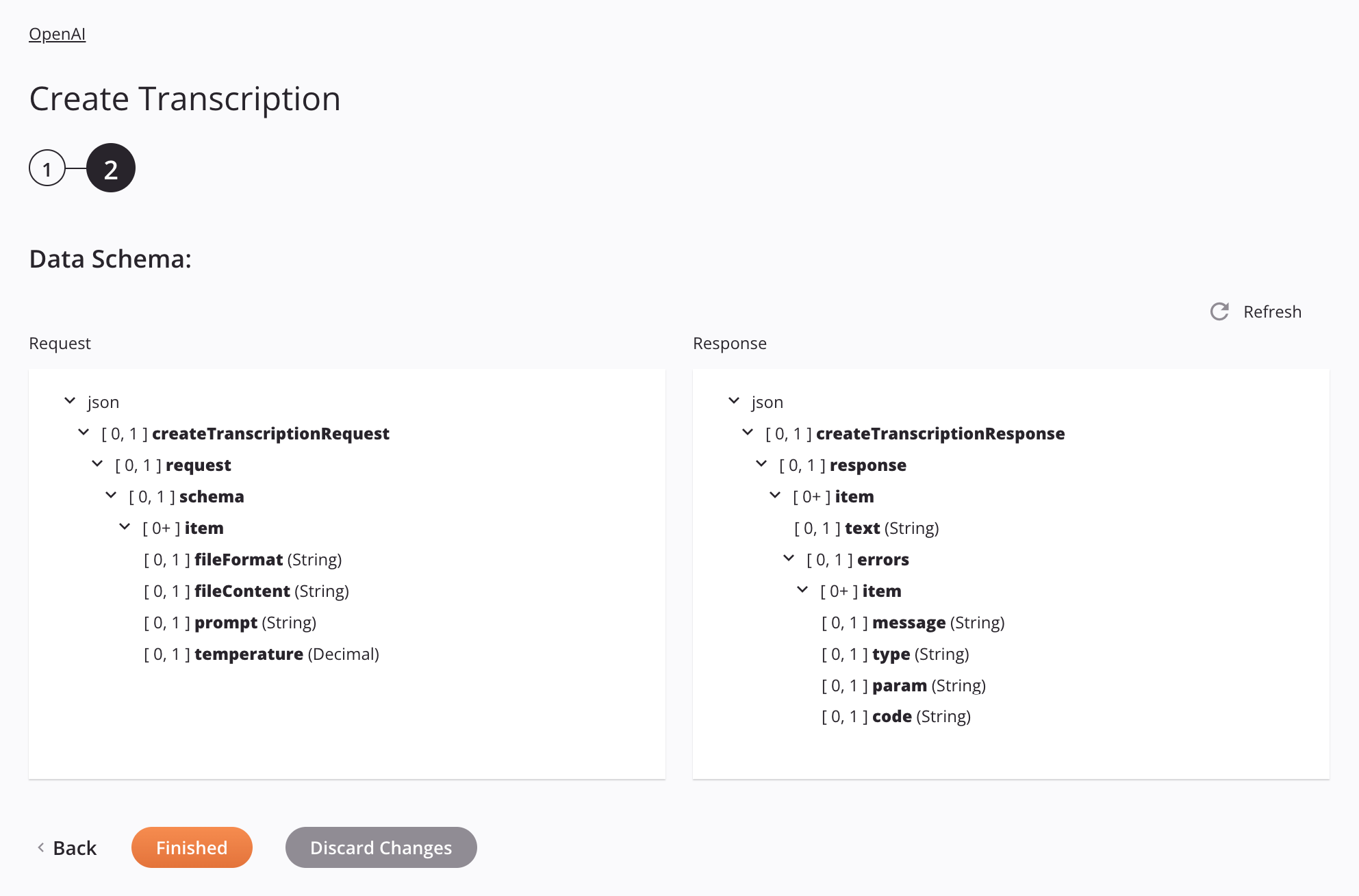 OpenAI Create Transcription activity configuration step 2