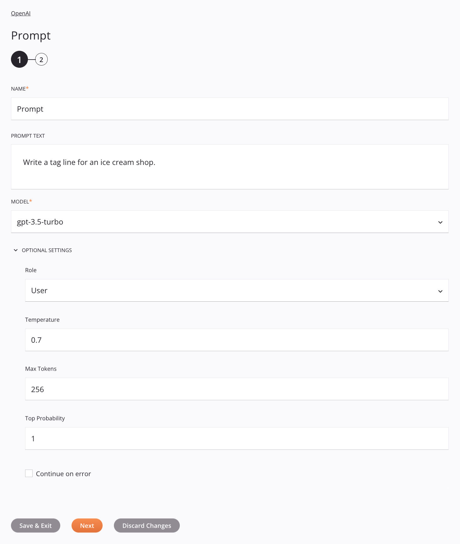 Paso 1 de configuración de la actividad de mensajes de OpenAI