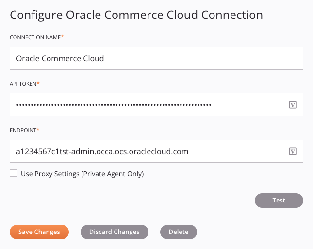 Configuração de conexão do Oracle Commerce Cloud