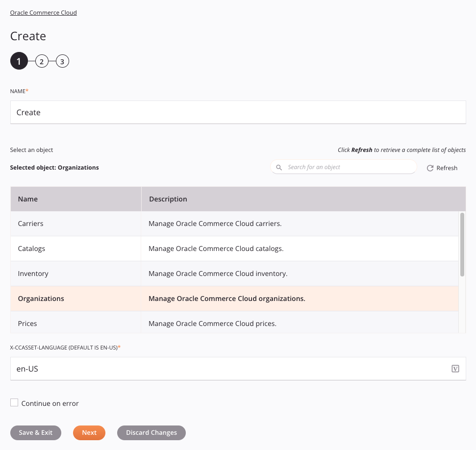 Etapa 1 da configuração da atividade de criação do Oracle Commerce Cloud