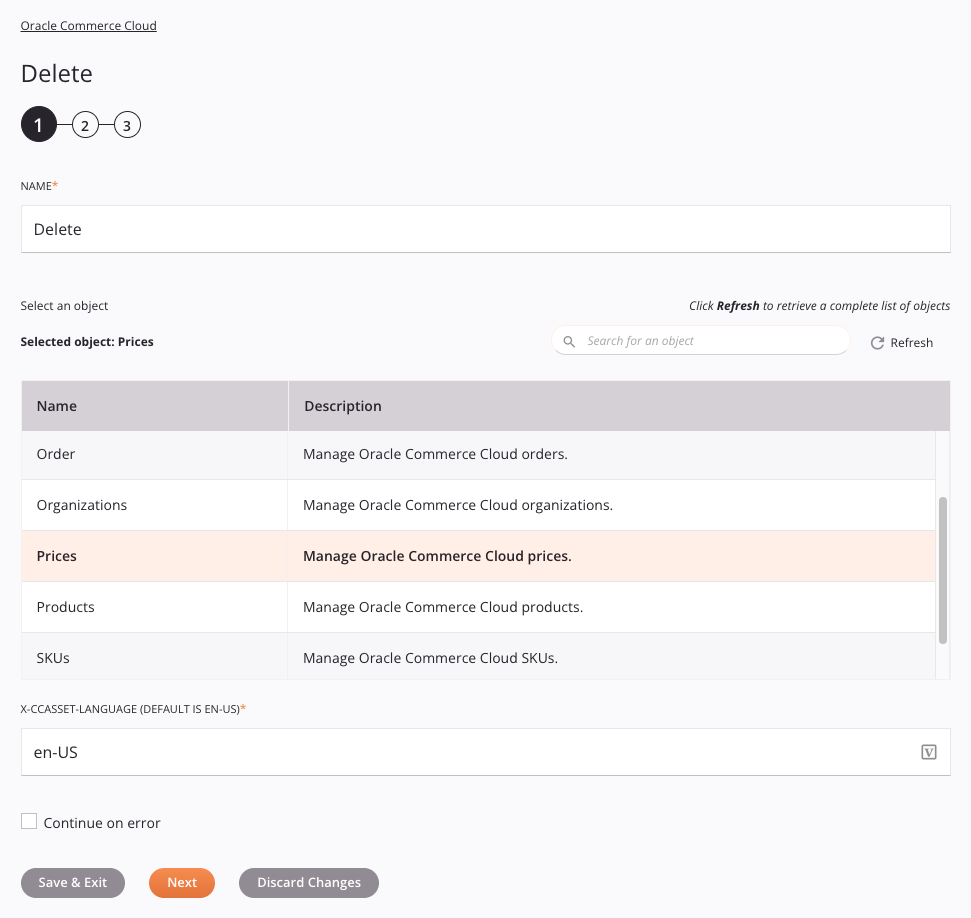 Oracle Commerce Cloud Delete activity configuration step 1