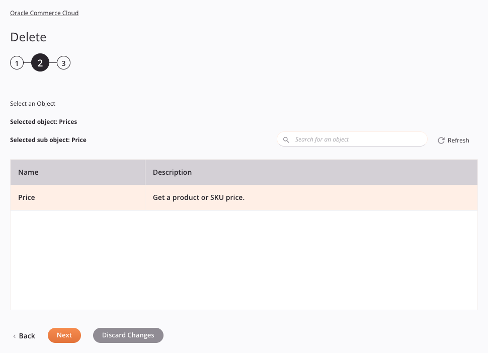 Oracle Commerce Cloud Delete activity configuration step 2