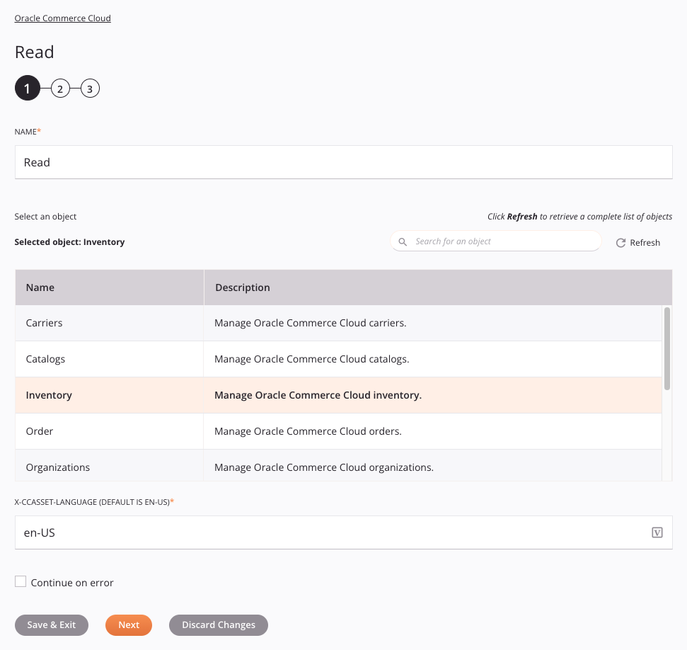 Paso 1 de configuración de la actividad de lectura de Oracle Commerce Cloud