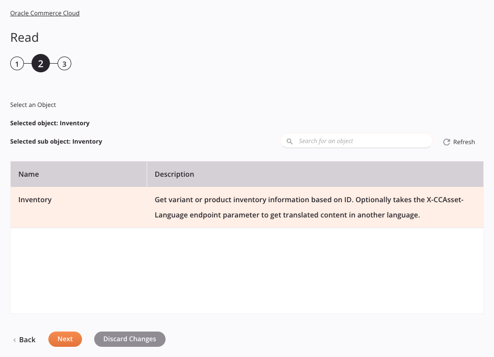 Paso 2 de configuración de la actividad de lectura de Oracle Commerce Cloud