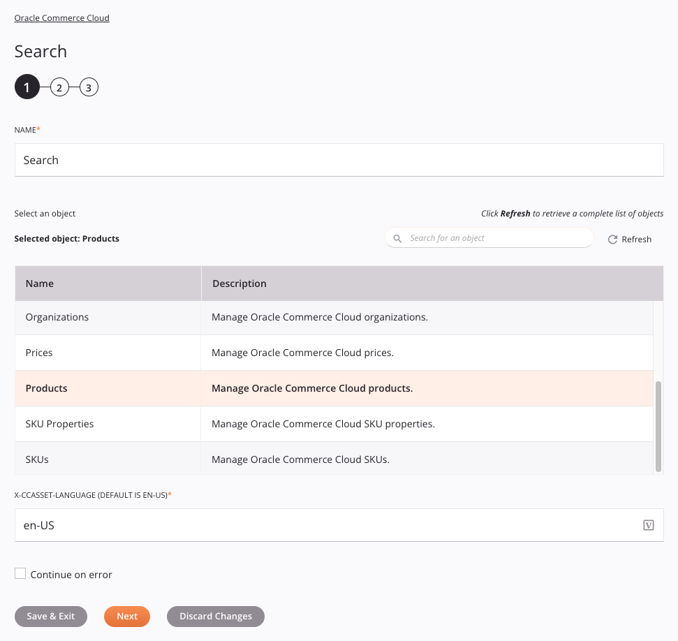 Etapa 1 da configuração da atividade do Oracle Commerce Cloud Search