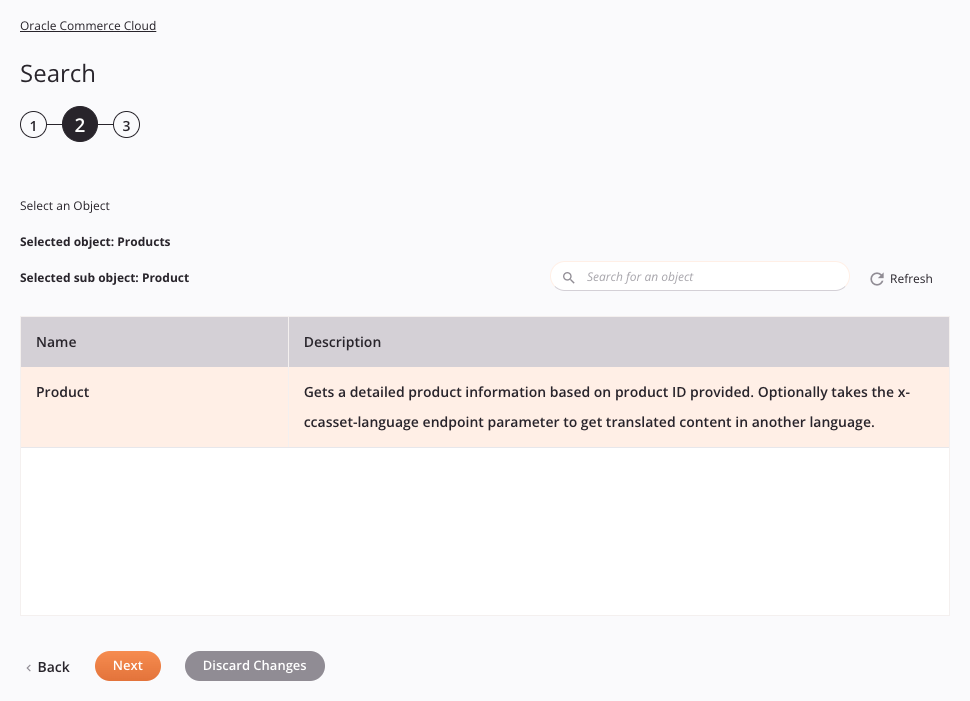 Etapa 2 da configuração da atividade do Oracle Commerce Cloud Search