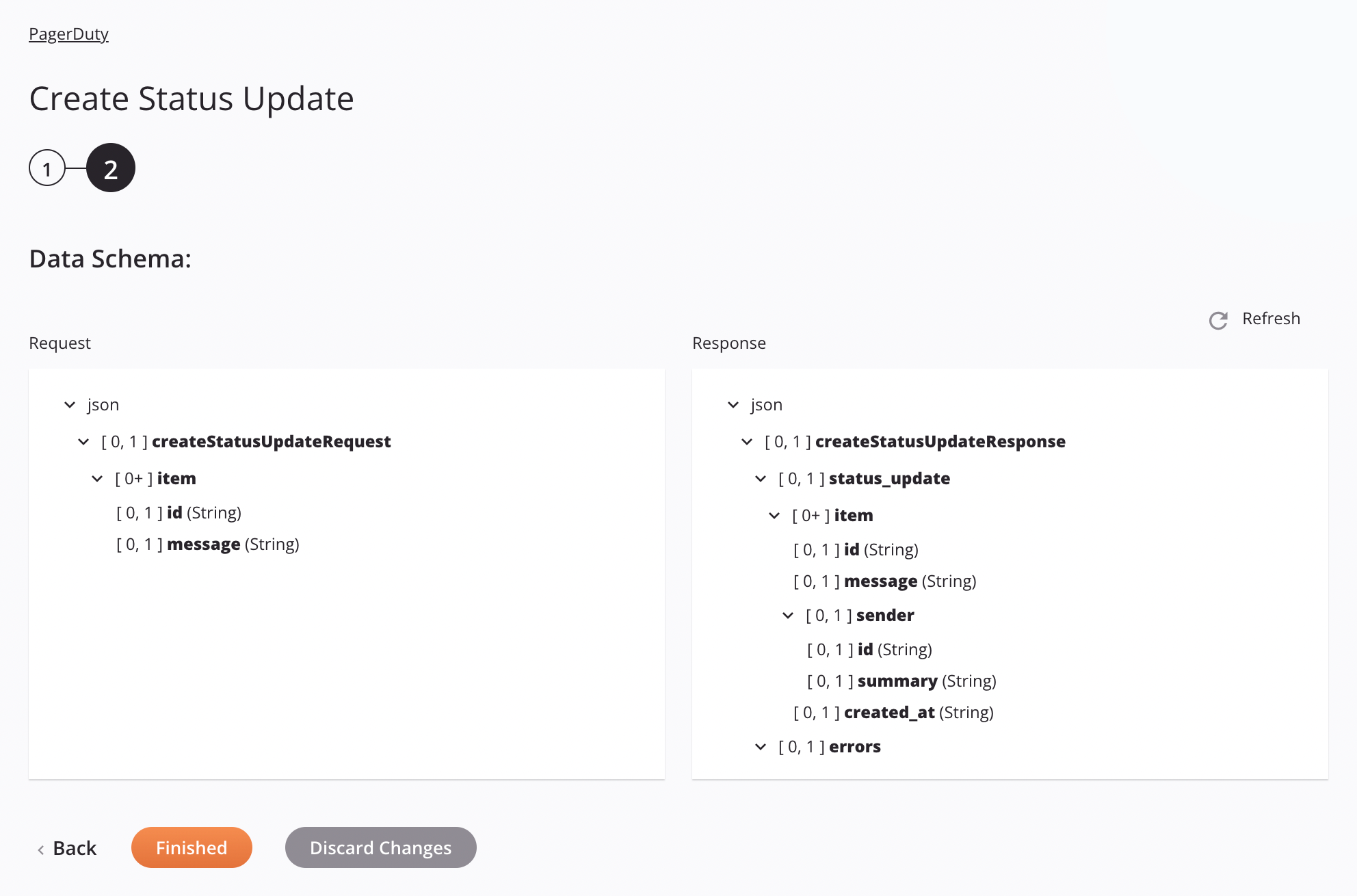 PagerDuty Create Status Update activity configuration step 2