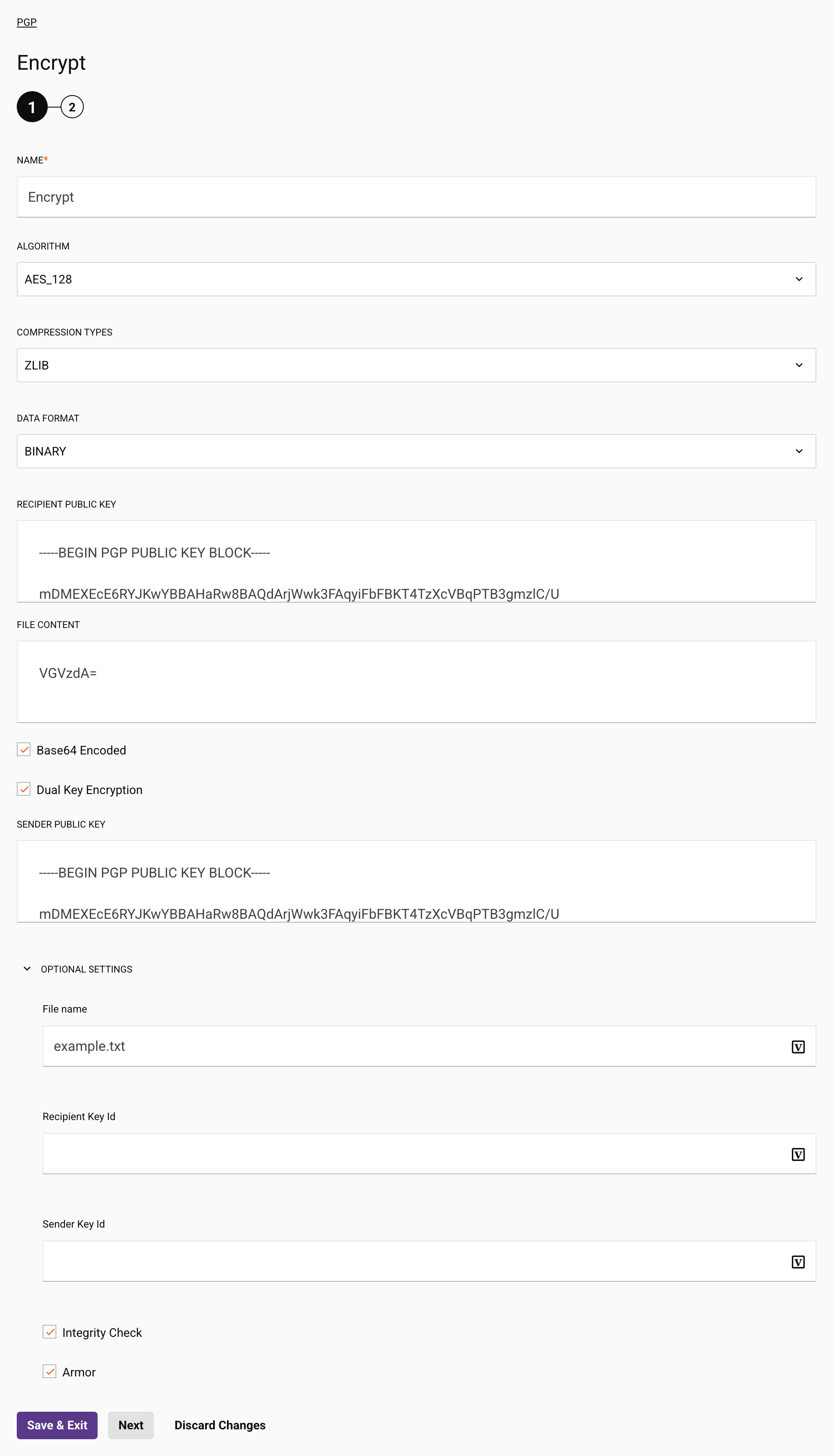 PGP Encrypt activity configuration step 1