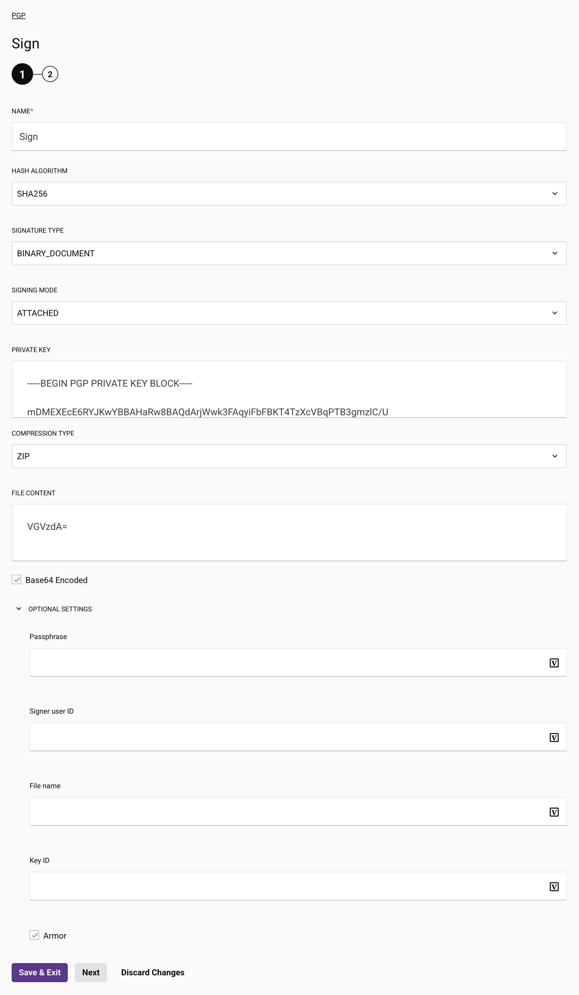 PGP Sign activity configuration step 1