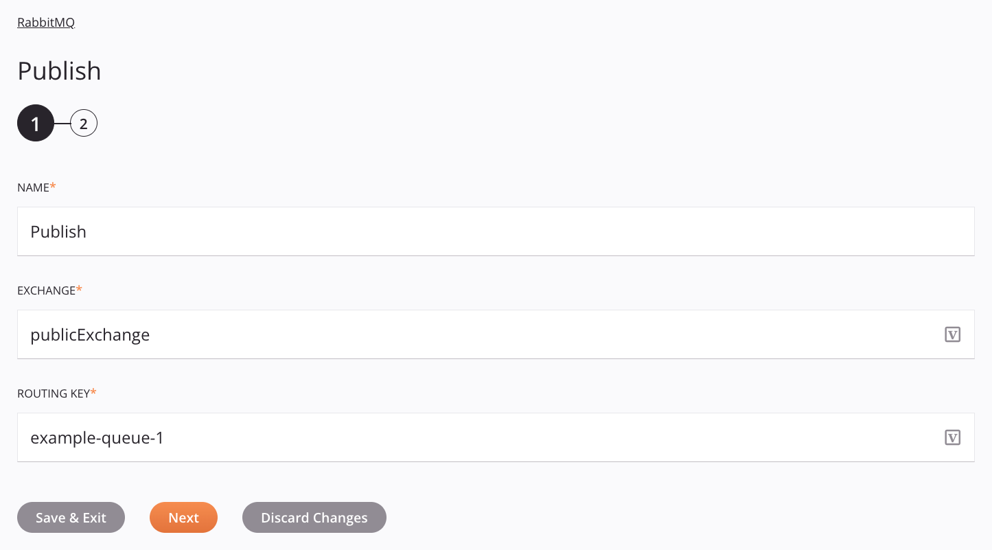 Paso 1 de configuración de la actividad de publicación de RabbitMQ