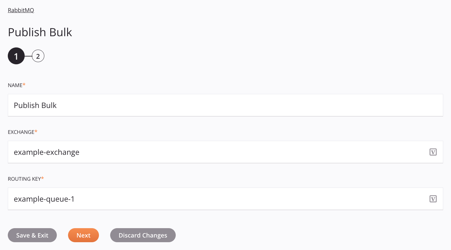 Paso 1 de configuración de actividad masiva de publicación de RabbitMQ