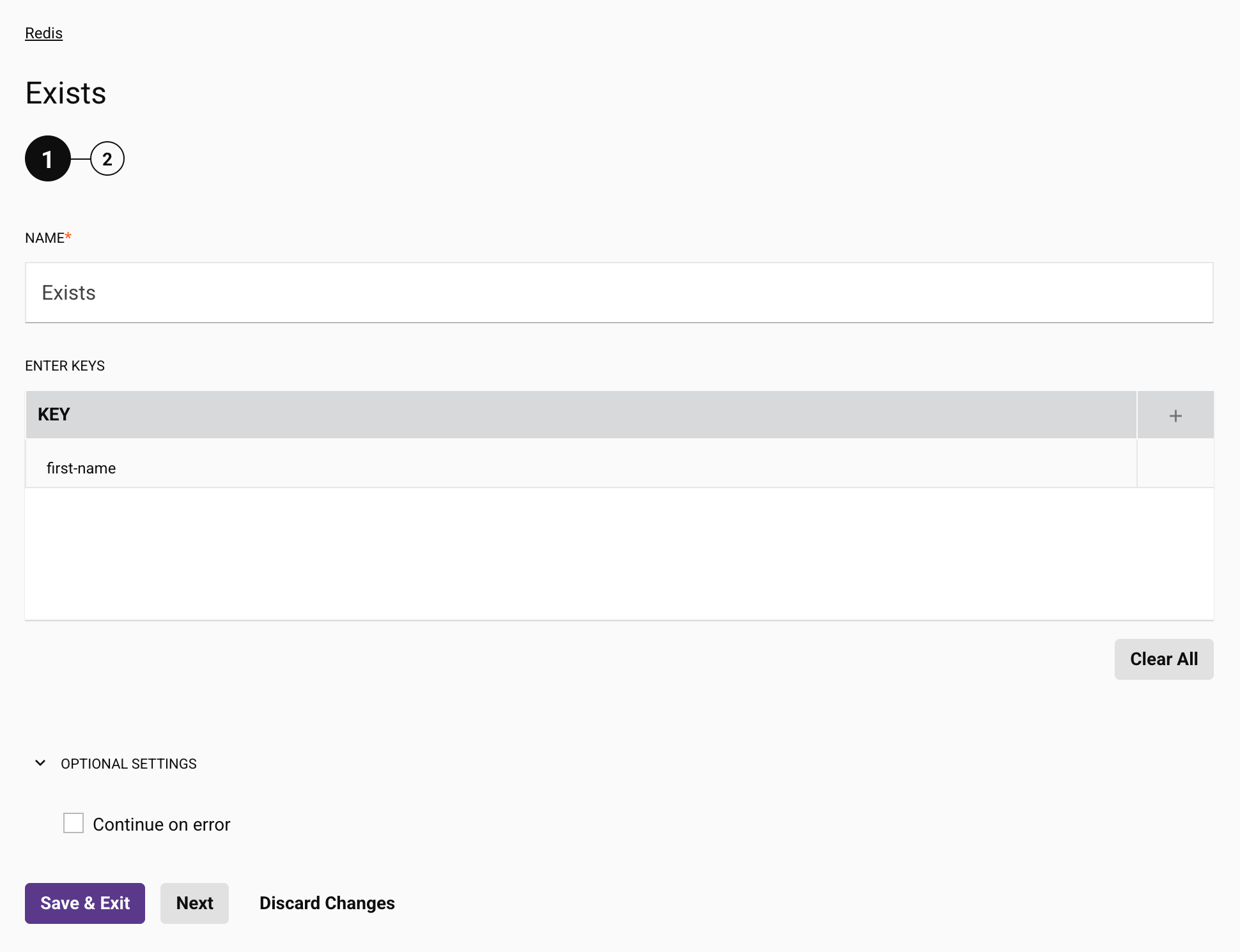 Redis Exists activity configuration step 1