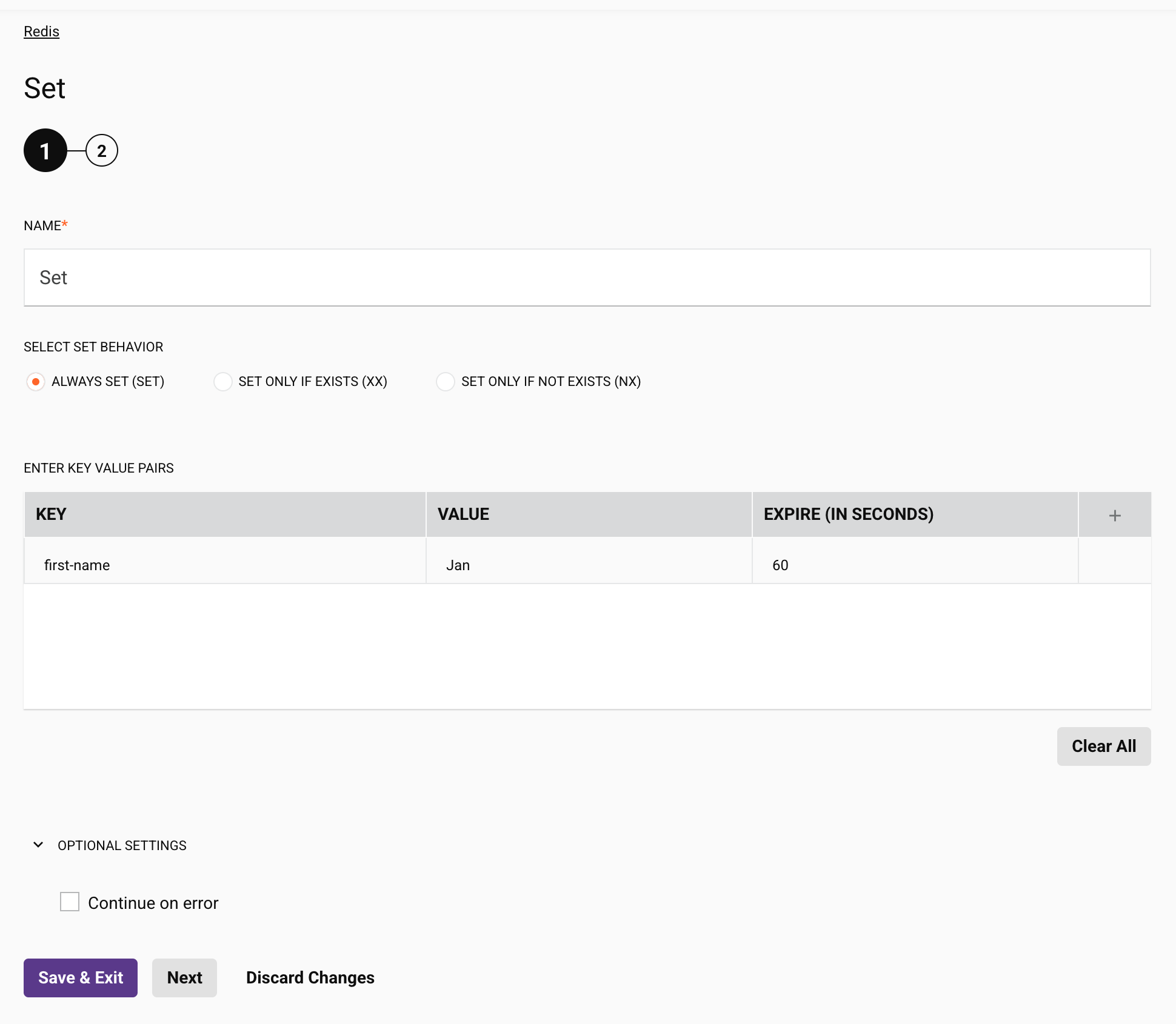 Redis Set activity configuration step 1