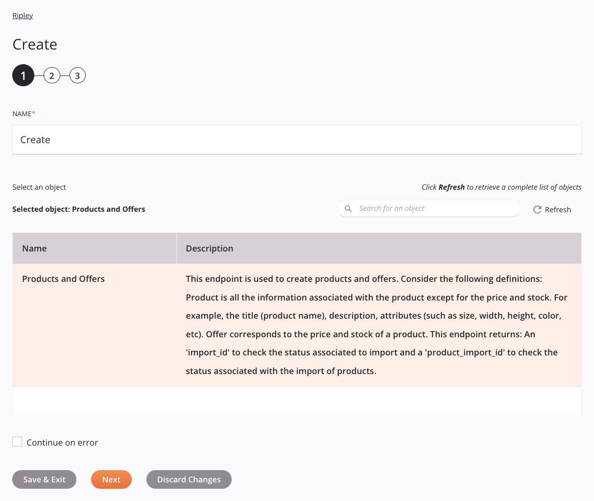 Ripley Create activity configuration step 1